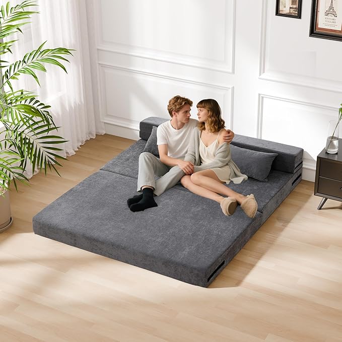 HOMFINE Folding Sofa Bed - Convertible Sleeper Chair with Pillow, Fold Out Couch, Memory Foam Floor Mattress, Futon Couch, Lazy Sofa for Living Room/Dorm/Guest Room/Home Office, Grey, Queen Size