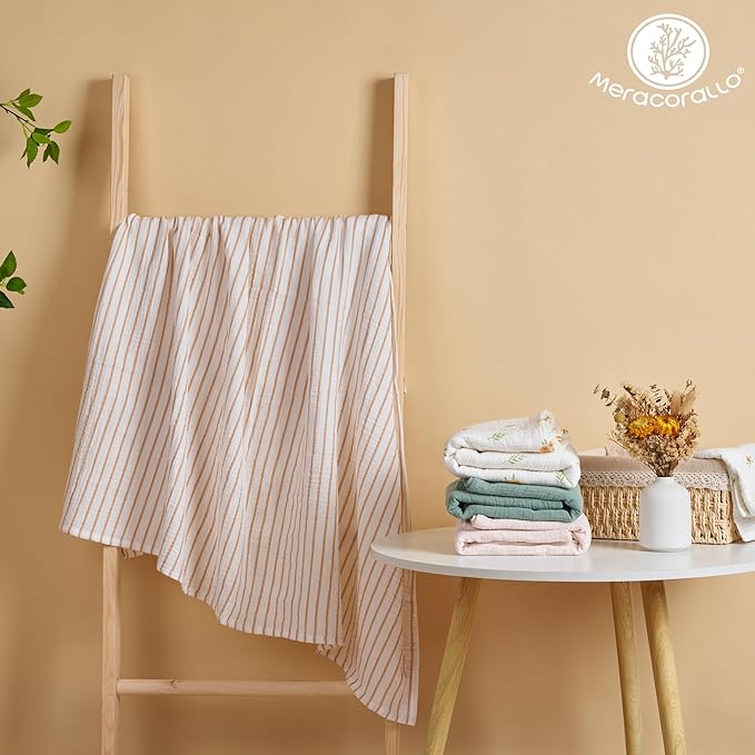 Meracorallo Muslin Swaddle Blanket, 100% Cotton Receiving Blanket Soft and Breathable Swaddle Wrap for Baby Boys and Girls (Neutral Stripe)