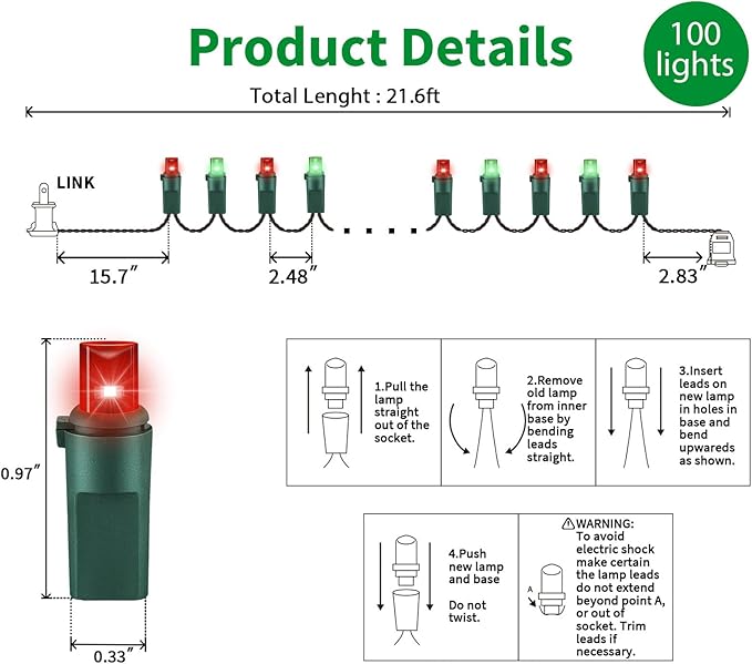 LAMPHOME Red Green Christmas Lights, Christmas Decorative Mini Lights,100LED 21.6FT Indoor Christmas Tree Lights, Outdoor Fairy Starry String Lights Plug in for Tree House Yard Outside Xmas Decor