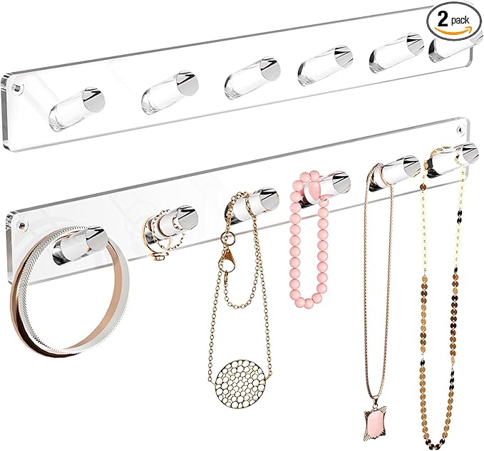 MaxGear Clear Acrylic Necklace Holder 2-Pack, Wall Mounted Jewelry Organizer with 12 Hooks, Tangle-Free Display for Necklace, Bracelet, Bangles, Ring, Perfect for Bathroom, Vanity, Closet Door