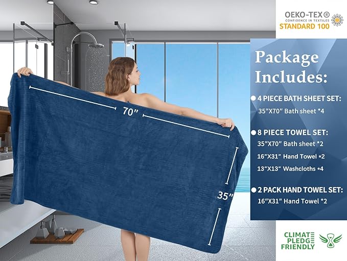 Extra Large Bath Sheet Set of 4,Ultra Soft Fluffy Towel,35”x 70”Oversized Bath Towel Set,Premium Microfiber Bathroom Towel Set Highly Absorbent Quick Dry Shower Towel for Bathroom,Hotel,Spa (Navy)