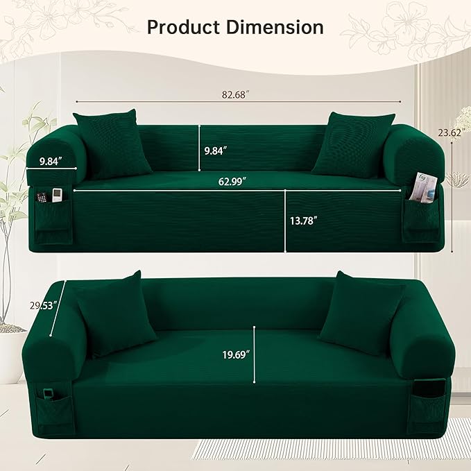 83'' Boneless Sofa in A Box, 3-Seater Floor Sofa No Assembly Corduroy Couch for Living Room, Cloud Couch with 2 Pillows & Storage Bag, Memory Foam Small Floor Couches for Office, Dark Green
