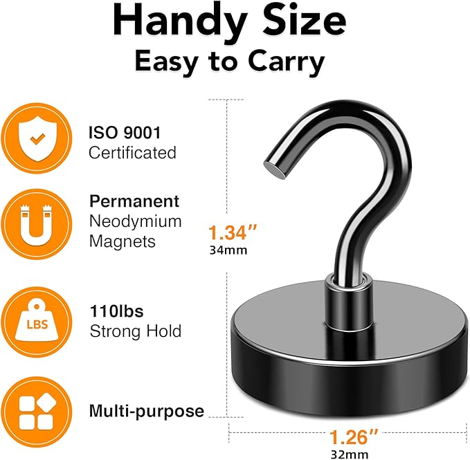 MIKEDE Magnetic Hooks Heavy Duty, 120LB+ Strong Magnet Hooks for Cruise Essentials, Neodymium Earth Magnet Hook for Hanging, Magnetic Metal Hanger for Cruise Cabins, Fridge, Toolbox, Storage - 4 Pack