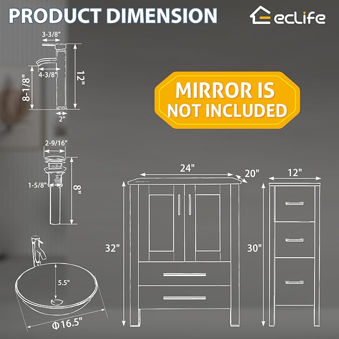 eclife 48" Modern Bathroom Vanity Sink Combo Freestanding Cabinet with Small Side Cabinet, Clear Round Glass Vessel Sink, Water Save Faucet, Drain (Gray+A16)