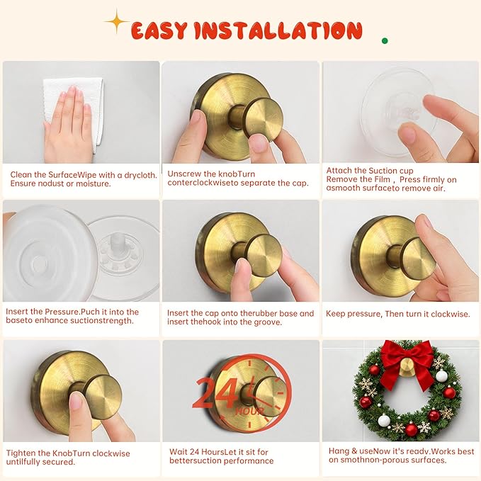 Suction Cup Hooks, Suction Cup Hooks for Shower,Removable Towel Hooks for Bathroom Window Glass Door Wall, Bath Robe Looafh Wreath Hook for Hanging (Gold)