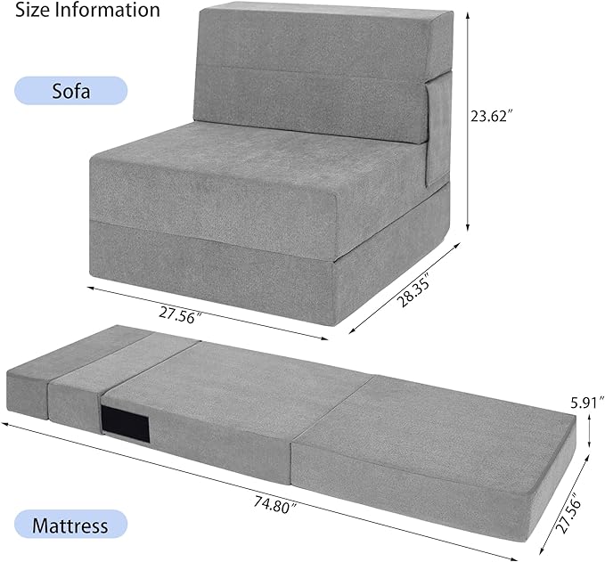 Sofa Bed Foldable Mattress ，Folding Sleeper Sofa Chair Bed Floor Mattress with Pillow for Living Room Home Office (Light Gray, Single)