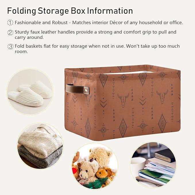 Western Bull Boho Rectangle Storage Basket Collapsible Storage Bin for Nursery Books Waterproof Baskets for Closet Shelves Bedroom Decor, 1 Pack