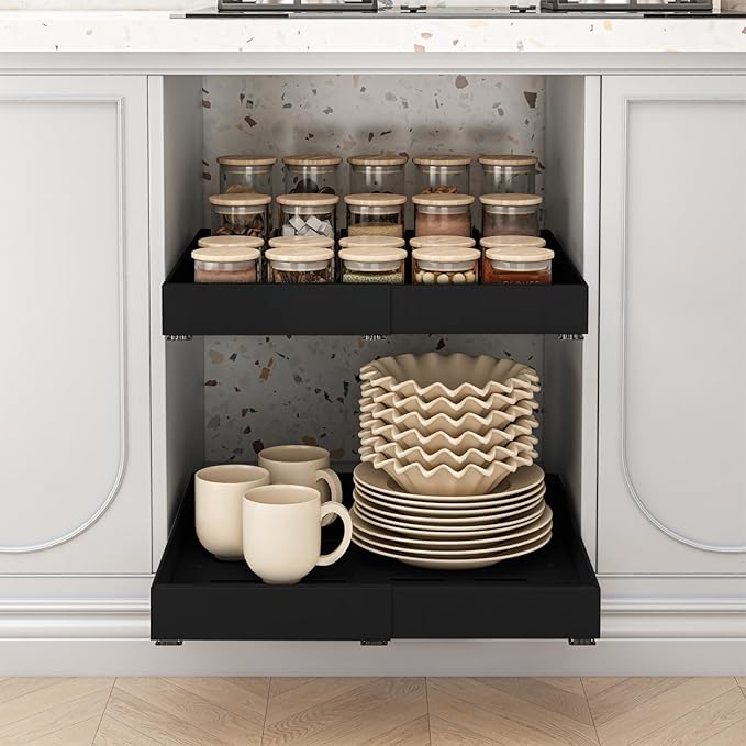 Expandable Pull Out Cabinet Organizer, 21" Deep Expandable (12.6" - 20.5") 3 Heavy Duty Slide Drawers Pull Out Drawers for Kitchen Storage Cabinet (Black)