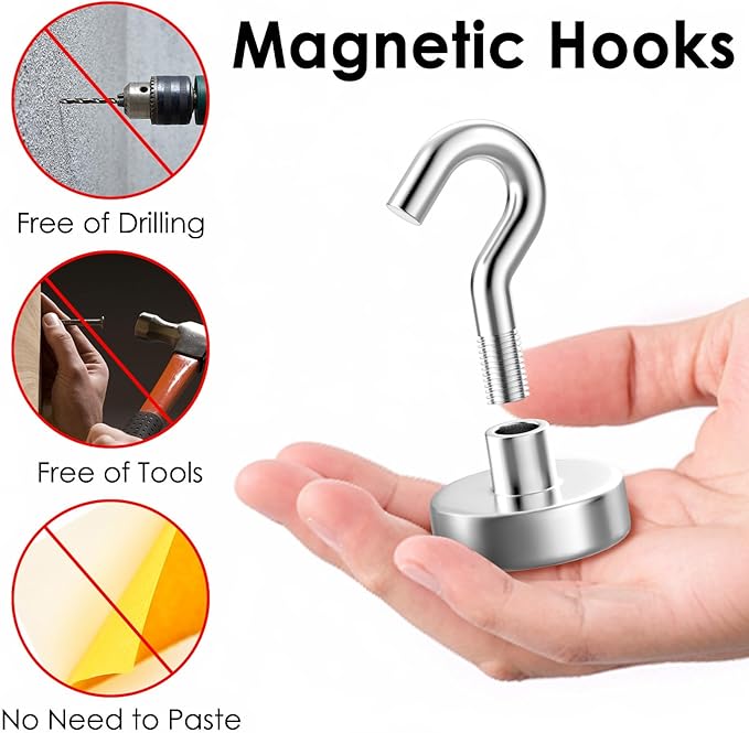Magnetic Hooks Heavy Duty, 80 lbs Strong Hooks for Hanging, Magnet with Hook for Cruise, Grill, Fridge, Pack of 6, Silver