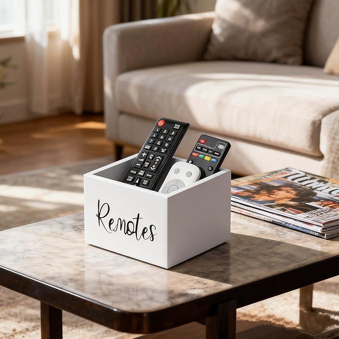 Wood Remote Control Holder, TV Remote Control Organizer for Home Bedroom Table, Multi-Purpose Desktop Storage (White, M,for 3+ Remote Controls)