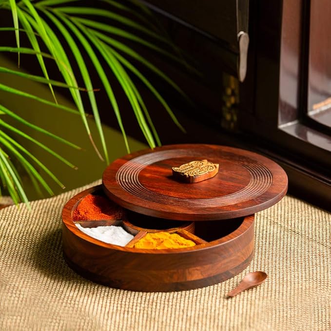 ExclusiveLane 'Mystic Owl Block' Sheesham Wood Indian Spice Box with Spoon (7 Partitions, Each Partition : 2.8 oz) | Masala Dabba Box Spice Storage Container Rack Wooden Spice Box for Gift