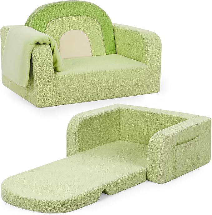 Kids Couch, 2-in-1 Soft Toddler Couch Fold Out with Blanket, Comfy Toddler Chair, Convertible Sofa, Gifts for Kids Girl Boys, Medium Green Rainbow