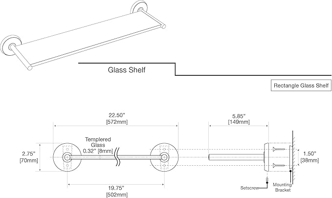 Gatco 5057 Designer II Glass Shelf, Brushed Brass/Wall Mounted 22.50" x 5.85" Tempered Glass/Floating Rectangle Glass Shelf for Bathroom