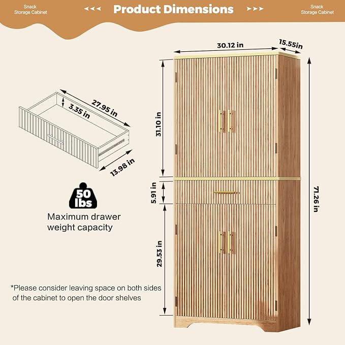 Fluted Pantry Cabinet, 71" Tall Modern Storage Cabinet with 4 Doors, Organizer, Drawer and 8 Door Shelves, Wood Cupboard for Kitchen, Dining Room, Living Room and Bathroom, Natural Oak