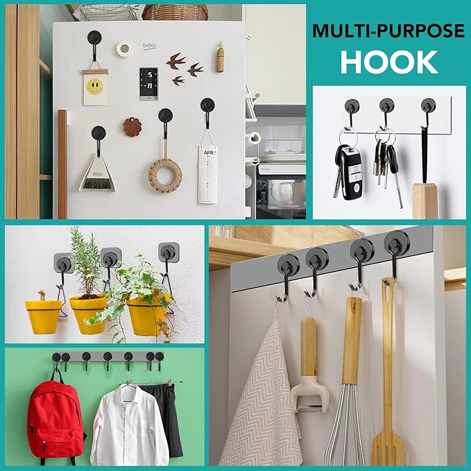 DIYMAG Black Magnetic Hooks, Strong Magnetics Heavy Duty, Magnet Hook with Metal Hanger for Hanging Refrigerator Home Kitchen Office, 4Pack