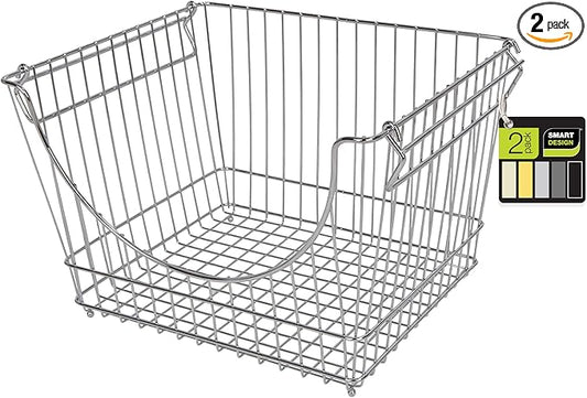Smart Design Stacking Baskets with Handles - Set of 2 Large - Steel Metal Wire - Fruit Produce and Vegetable Safe Storage Bin Organizer - Pantry Counter Stand Rack - 12.5 x 8.5 Inch - Chrome
