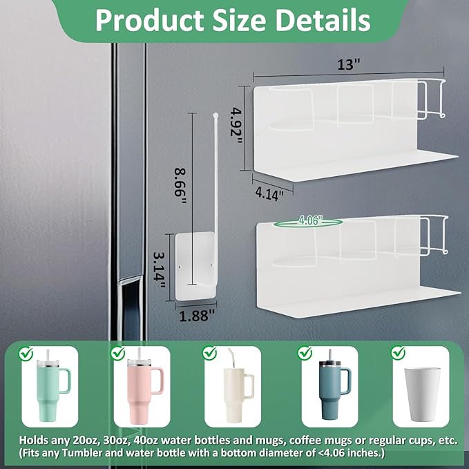 Magnetic Cup Holder for Fridge, Water Bottle Organizer for Cabinet Magnetic Cup Holder Heavy Duty Tumbler Lid Organizer for 20oz 30oz 40oz Cup Accessories Storage Organizer (White)
