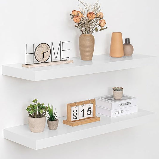 36 Inch Floating Shelves, 12" Deep Floating Shelf Wall Mounted, 36" Wall Shelves, Rustic Deep Bookshelf, Extra Deeper & Thicker Display Shelves for Bedroom, Living Room, White, Set of 2