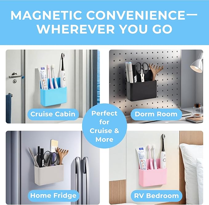 Magnetic Toothbrush Holder for Cruise Ship Cabin – Wall-Mounted Cruise Bathroom Organizer with 2 Removable Dividers & Towel, Cruise Essentials 2025 & Cruise Must Haves for Alaska & Caribbean Cruises