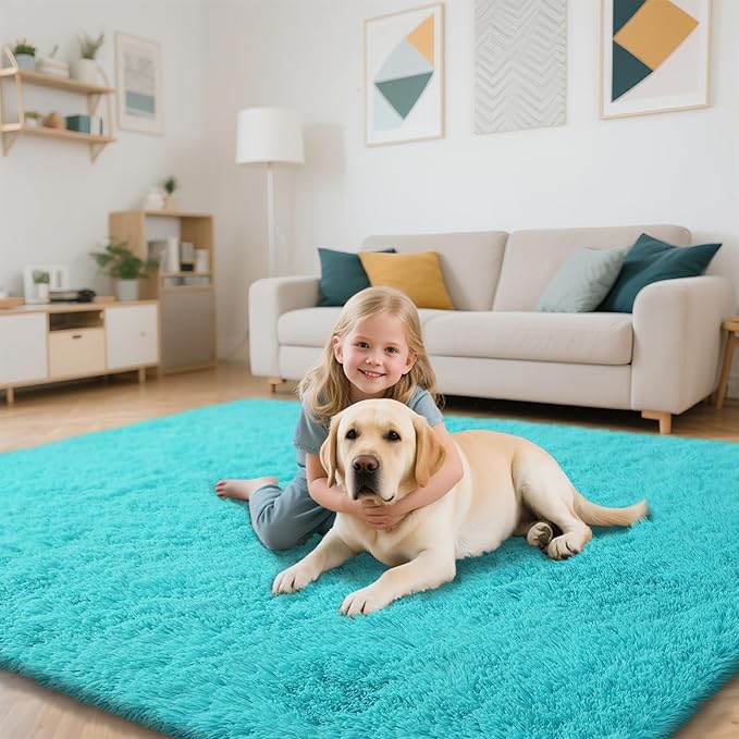 Teal Blue Rug Fluffy Rugs, 5x8 Teal Area Rugs for Bedroom, Soft Cute Baby Play Mat, Indoor Floor Carpet for Teen, Nursery, Preppy Dorm, Plush Aesthetic Bedside Rug