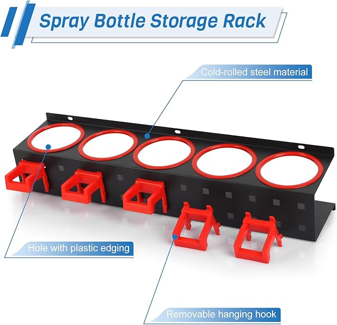 2 Sets Wall-Mounted Spray Bottle Storage Rack,Universal Holder with Car Cleaning Brush Kits & Removable Hooks,Hanging Rail Accessory Display,Auto Detailing Tools Hanger & Bottle Organizer for Garage