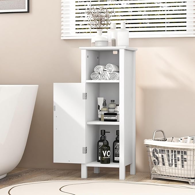 HAPPYGRILL Bathroom Floor Cabinet, Freestanding Narrow Storage Cabinet Console Table Nightstand with Adjustable Inner Shelves, Bathroom Side Storage Cabinet for Living Room Kitchen Entryway (White)