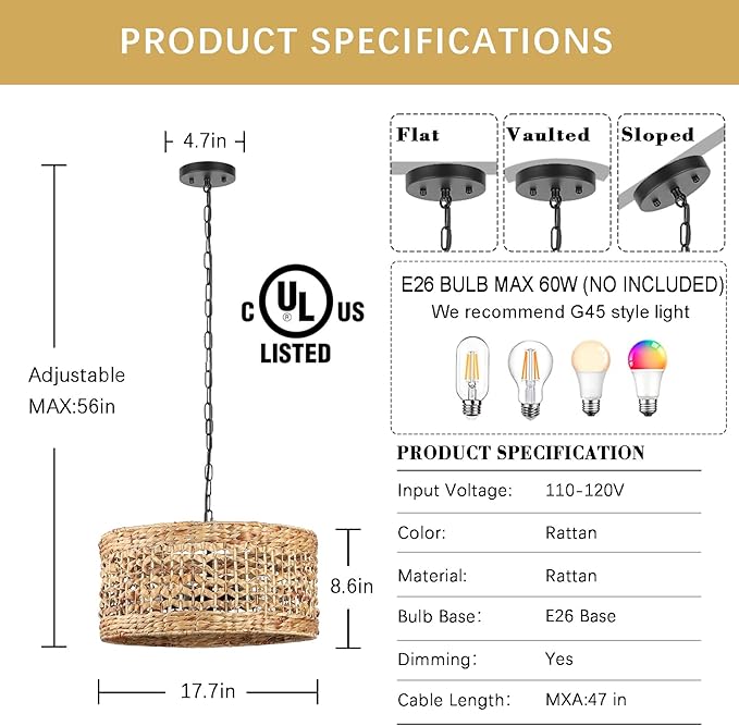 Hand Woven Rattan Pendant Light, 18" 5-Light Wicker Dining Room Light Fixtures Boho Chandelier Coastal Large Hanging Ceiling Lights Natural Lighting for Kitchen Island Living Room Bedroom