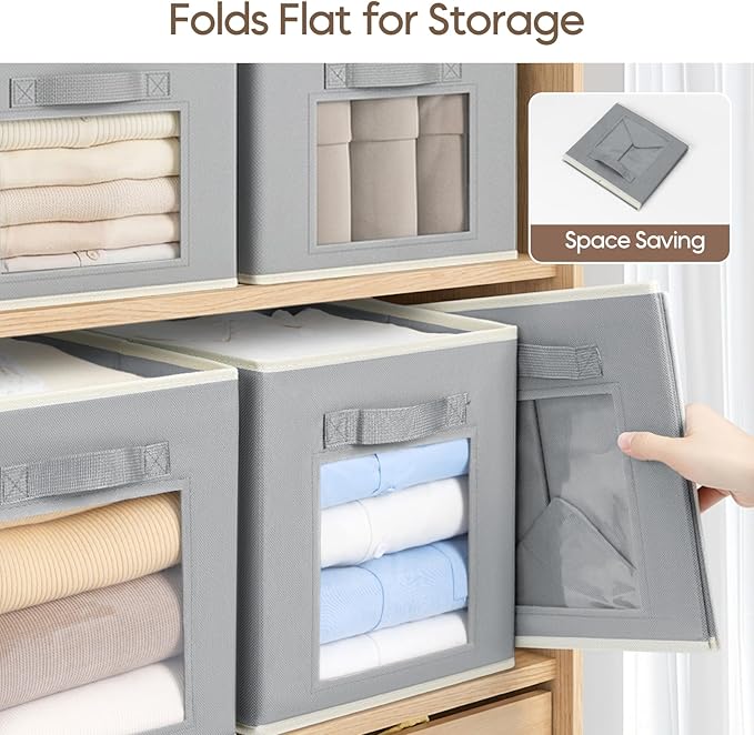 Storage Cube 11 Inch - Cube Storage Bins with Window, Closet Storage Baskets with Handle, Fabric Bins for Closet, Shelves, Toys, Clothes, Set of 14, Grey