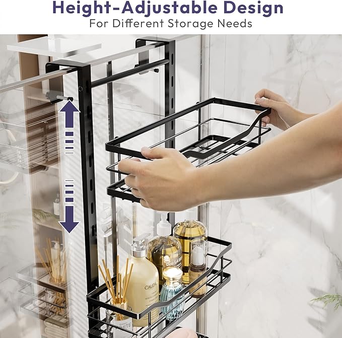 SWTYMIKI Over the Door Shower Caddy - 3 Tier Adjustable Shower Organizer Hanging with Soap Holder, No Drilling Stainless Steel Bathroom Rack Hanging for Body Wash, Shampoo, Soap, Razor, Black