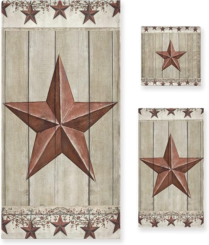 Rustic Bath Towels Set,Soft Absorbent Western Texas Star Primitive Berries on Country Wooden Barn Plank 3 Piece Luxury Bathroom Towels,1 Bath Towel,1 Hand Towel,1 Washcloth for Spa,Gym