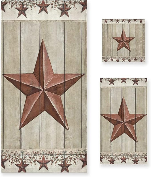 Rustic Bath Towels Set,Soft Absorbent Western Texas Star Primitive Berries on Country Wooden Barn Plank 3 Piece Luxury Bathroom Towels,1 Bath Towel,1 Hand Towel,1 Washcloth for Spa,Gym