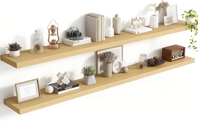 72 Inch Floating Shelves, 8 Inch Deep Floating Shelves for Wall, Hanging Shelf with Invisible Brackets, Deep Shelves for Bathroom, Bedroom, Living Room, Oak, Set of 2