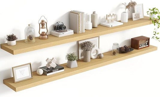 72 Inch Floating Shelves, 8 Inch Deep Floating Shelves for Wall, Hanging Shelf with Invisible Brackets, Deep Shelves for Bathroom, Bedroom, Living Room, Oak, Set of 2