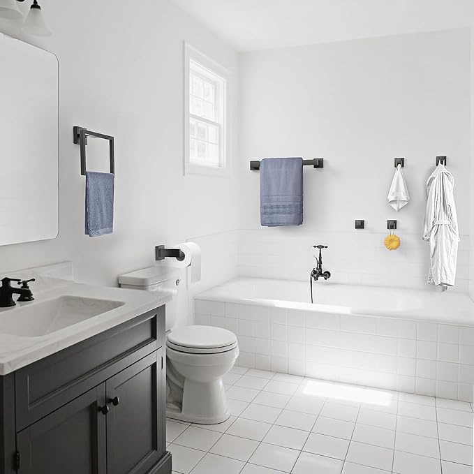 7-Pieces Towel Racks for Bathroom, SUS304 Matte Black Bathroom Accessory Set, Stainless Steel Black Bathroom Accessories, Stainless Steel Wall Mounted, Bath Towel Bar Set