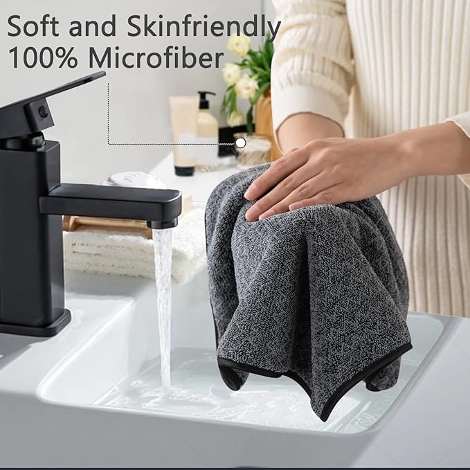 18 Piece Bath Towels Set,100% Microfiber Family Bathroom Towel with Hanging Loops-6 Bath Towels,6 Hand Towels,6 Washcloths,Quick Dry Highly Absorbent Shower Towel for Bathroom,Hotel,Spa-Black