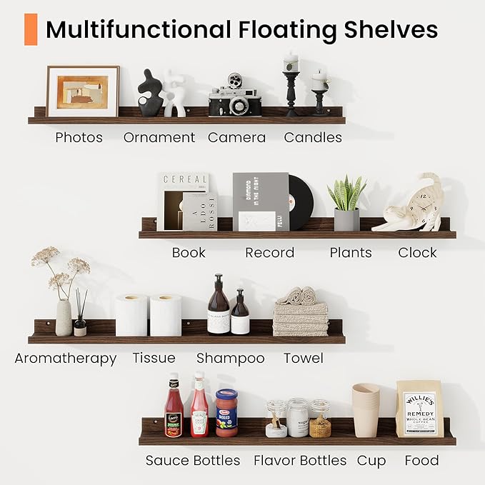 RICHFOCUS Picture Ledge Shelf, 55 inch Floating Shelves Set of 2, Wood Wall Shelves with Lip, Wall Decor Storage for Bedroom Living Room Bathroom Kitchen Nursery Photo Picture, Walnut
