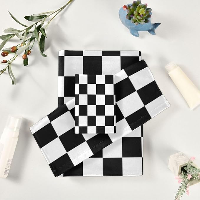 Black White Checkered Bath Towels Set, 3 Piece Geometric Checkerboard Towel Set(1 Bath Towel 1 Hand Towel 1 Washcloth), Absorbent Microfiber Modern Decorative Bathroom Towels for Hair, Face