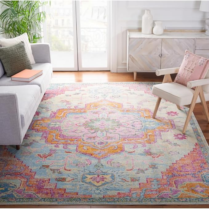 SAFAVIEH Crystal Collection X-Large Area Rug - 11' x 16', Light Blue & Fuchsia, Medallion Distressed Design, Non-Shedding & Easy Care, Ideal for High Traffic Areas in Living Room, Bedroom (CRS501B)