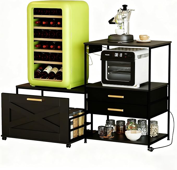 Mini Fridge Stand with Storage, Farmhouse Fridge Cabinet with Power Outlet & Movable Drawers, Microwave Oven Stand with Wheels, Kitchen Bakers Rack for Home Bar Office, Black