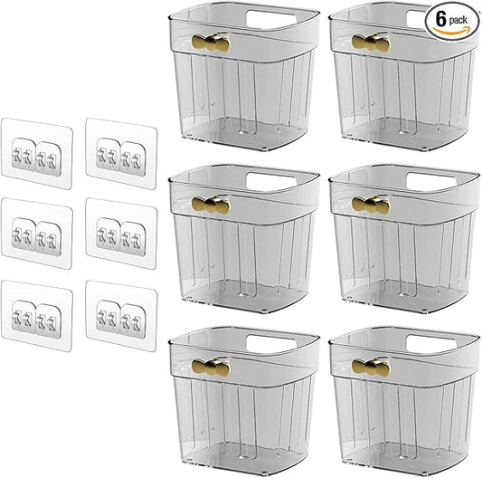 6 Pack Adhesive Cabinet Door Organizer, Compact Kitchen Under Sink Caddy, Clear Pantry Storage Basket, Under Cabinet Organizer Seasoning Spice Rack, Plastic Bathroom Wall Mounted Bins