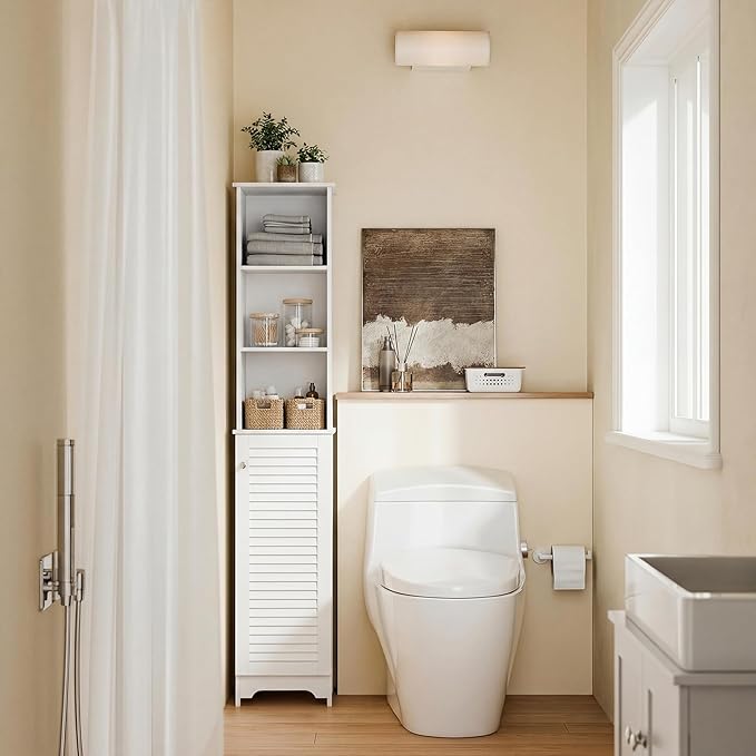 HOMCOM Tall Bathroom Storage Cabinet/Freestanding Linen Tower with 3-Tier Open Adjustable Shelf, White