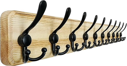 Dseap Coat Rack Wall - Heavy-Duty 38-1/4" Long, with Reinforced 10 Custom Tri-Hooks, Solid Wood Wall Hanger for Coats Hat Jackets - Rustic Farmhouse Entryway Hallway Storage, Light Brown & Black