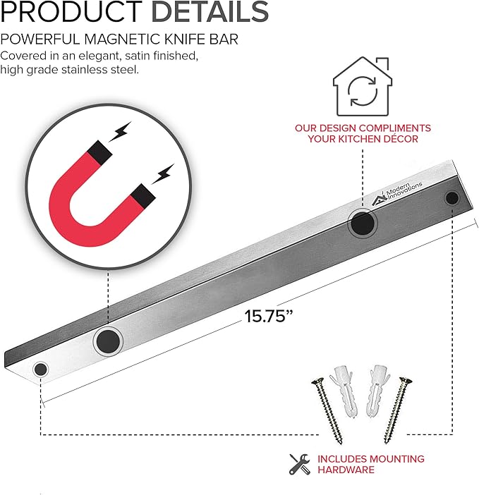 Modern Innovations 16 Inch Stainless Steel Magnetic Knife Bar with Multi-Purpose Functionality as a Knife Holder, Knife Strip, Magnetic Tool Organizer, Art Supply Organizer & Home Organizer