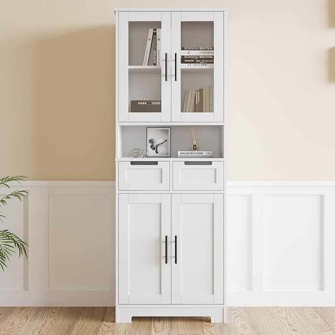 Karl home Tall Bathroom Storage Cabinet, 67" Linen Cabinets for Laundry, Bathroom Cabinet with 2 Drawers, 2 Acrylic Doors & Adjustable Shelves, Freestanding Kitchen Pantry, White