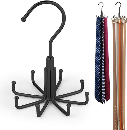 Tie Hanger for Closet, 2 Pack Rotatable Tie Organizer for Men with 16 Hooks, Heavy Duty Space Saving Tie Rack for Ties and Belts, Black