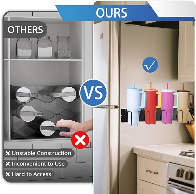 Magnetic Fridge Cup Holder for Stanley 20/30/40 oz with Tumbler Lid Organizer, Strong Magnetic Water Bottle Storage Rack (2Pack 4Cups)