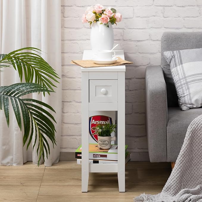 Narrow Side Table with Storage Drawer - White Slim Nightstand for Small Spaces