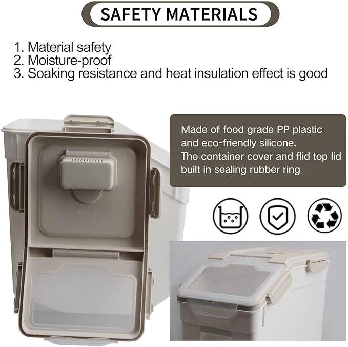 Rice Container 25 lbs Airtight, 4 Packs Flour Storage Containers Bin with Wheels Seal Locking Lid, BPA Free, Measuring Cup & Scoop, Kitchen Organizer Boxes for Grain, Sugar, Beans, Cereal (Grey)
