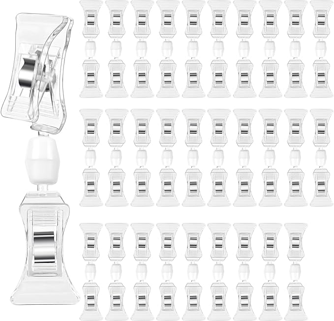 Clear Merchandise Display Sign Clips - 30 Pack Plastic Label Pop Holder for Shelf, Double Sided Swivel Price Tag on Clothing Rack, Rotatable Menu Clips for Retail Sale Display