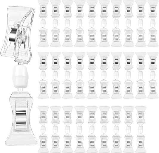 Clear Merchandise Display Sign Clips - 30 Pack Plastic Label Pop Holder for Shelf, Double Sided Swivel Price Tag on Clothing Rack, Rotatable Menu Clips for Retail Sale Display